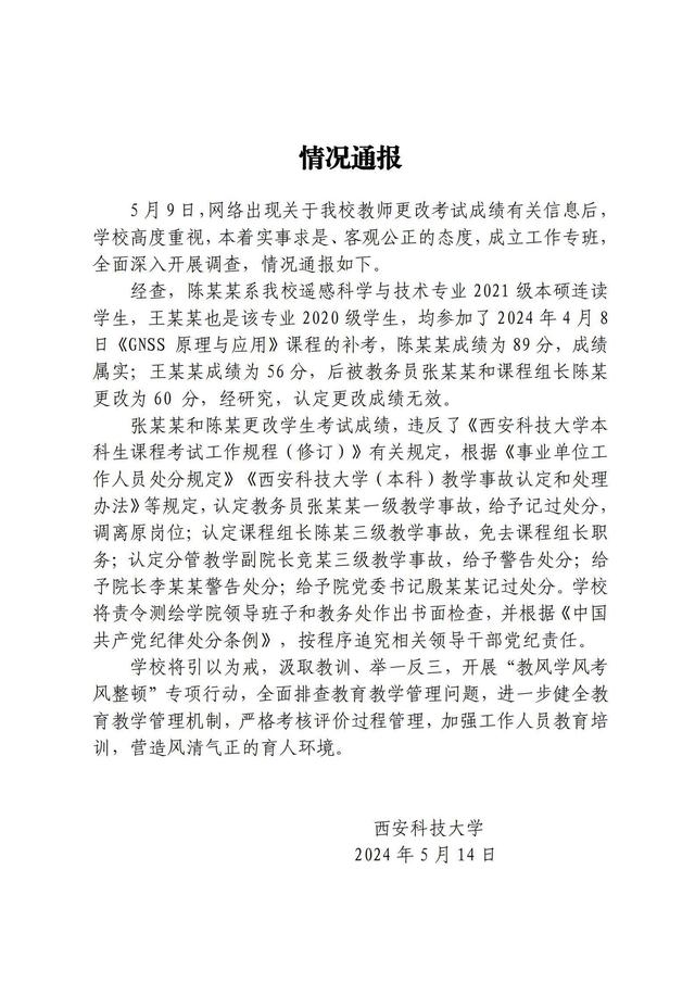 学生成绩按闹修改？院长等被处分 认定更改成绩无效